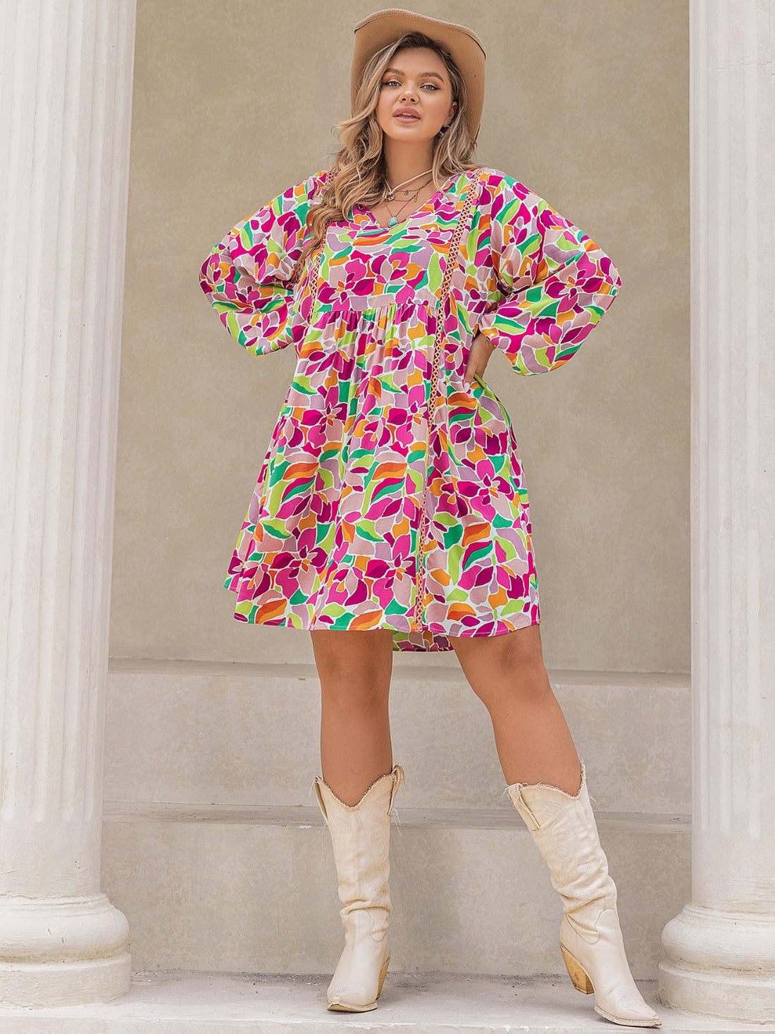 Plus Size Printed V-Neck Balloon Sleeve Mini Dress 
