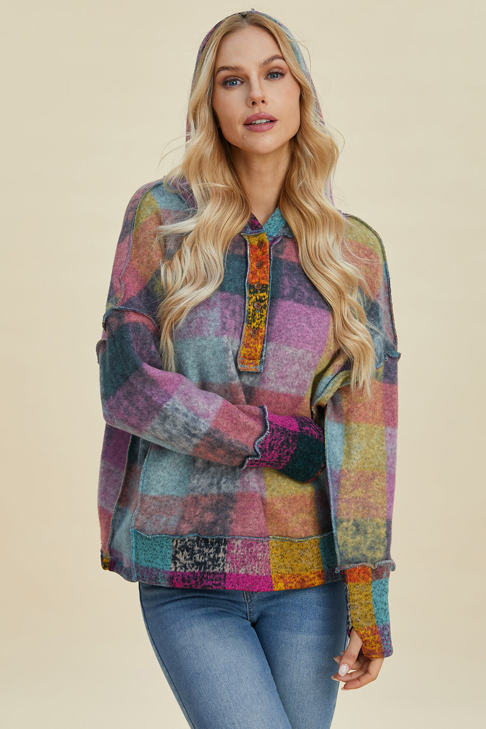 Double Take Full Size Plaid Dropped Shoulder Fleece Hoodie 