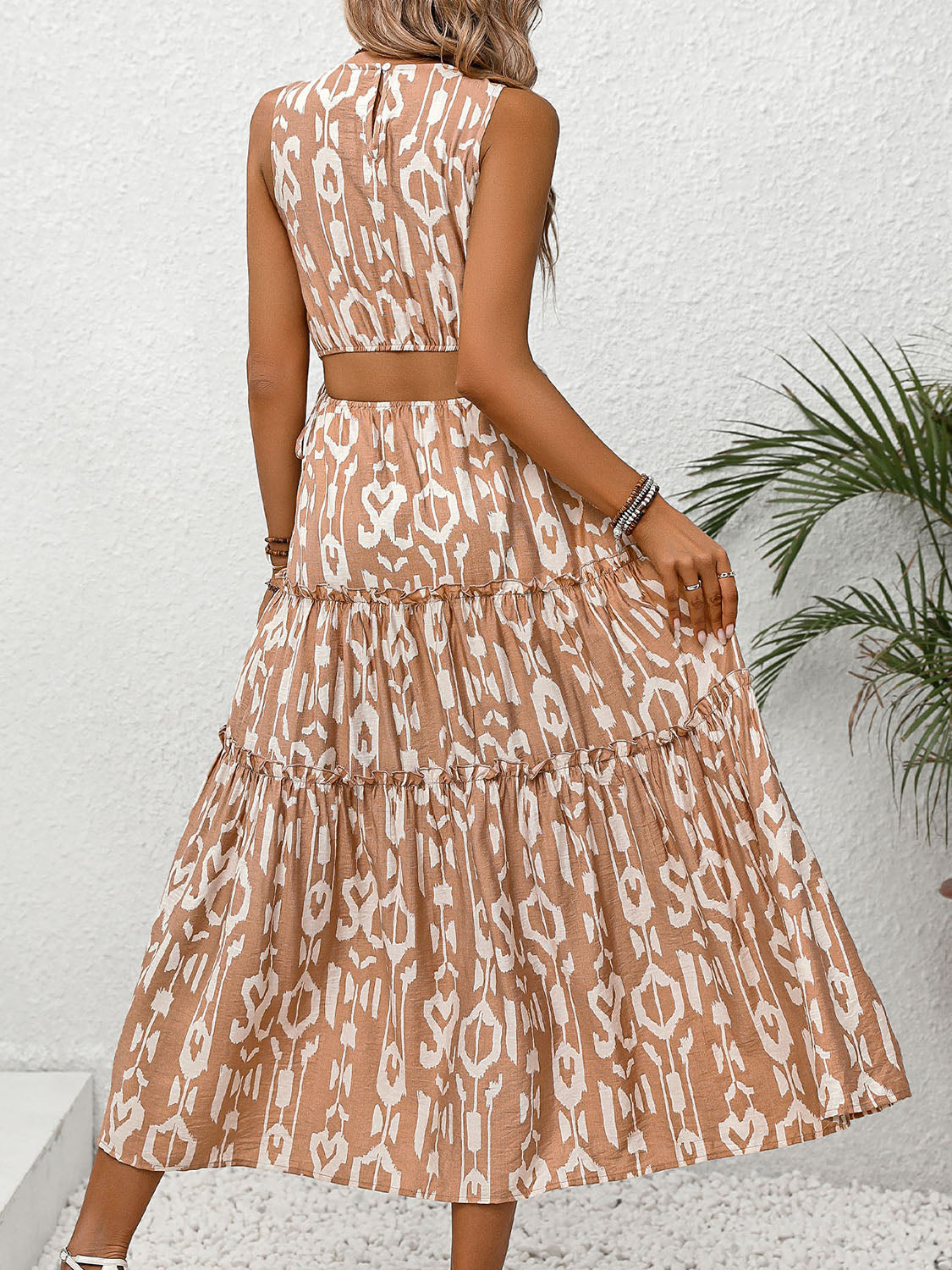 Perfee Frill Cutout Printed Round Neck Sleeveless Dress 