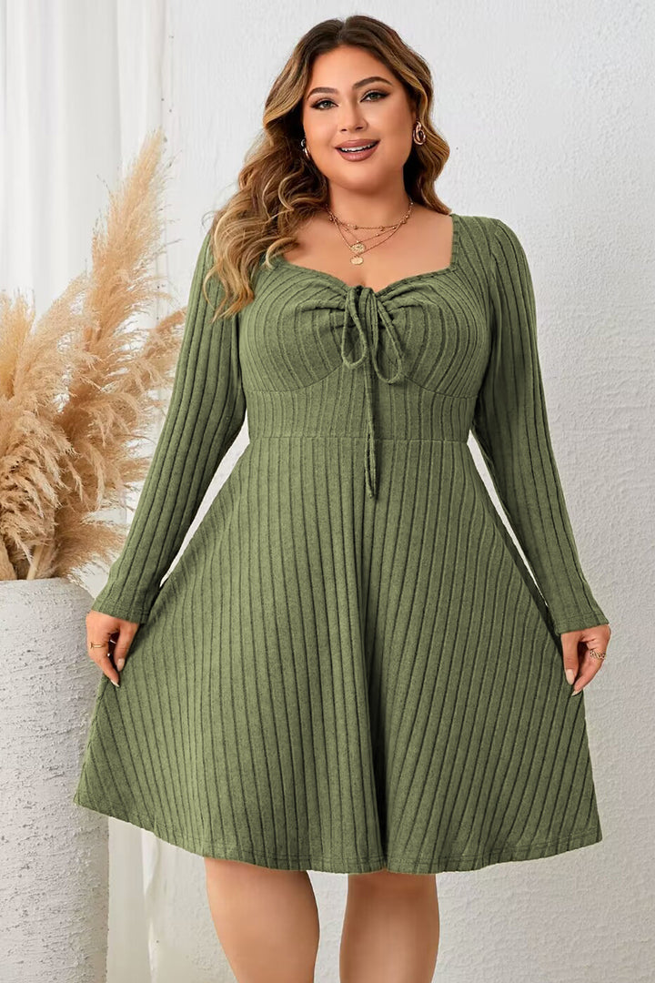 Honey Plus Size Sweetheart Neck Long Sleeve Ribbed Dress 