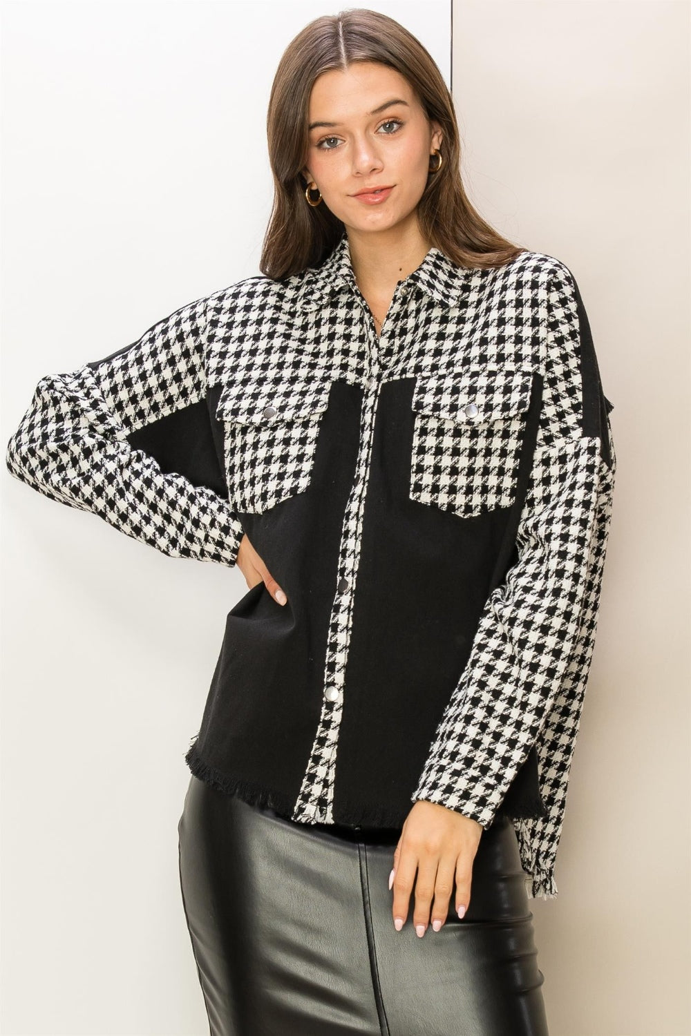 HYFVE Houndstooth Contrast Raw Hem Jacket 