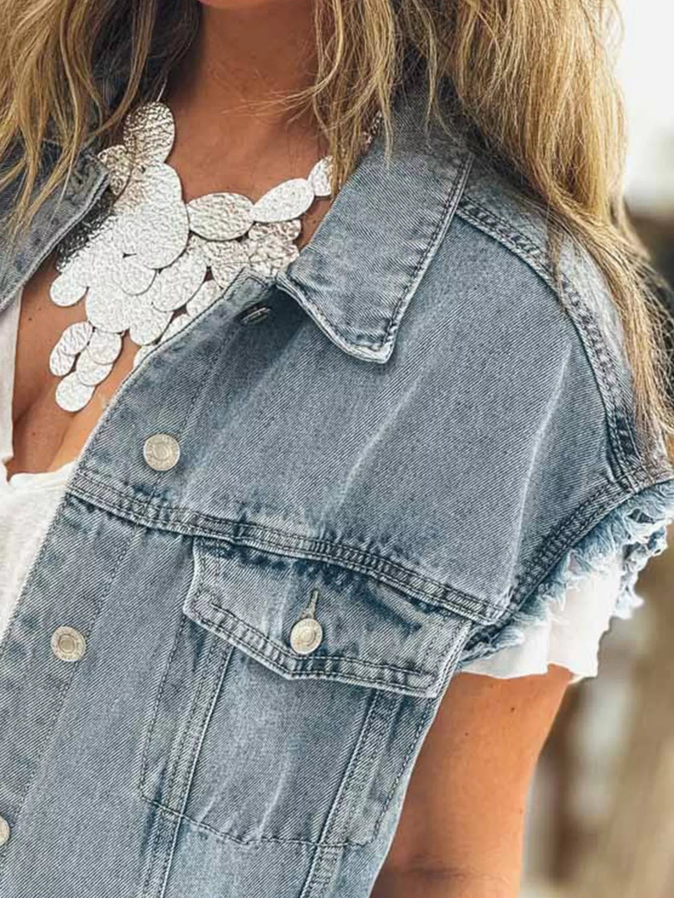 Button Flap Pocket Frayed Detail Denim Vest 