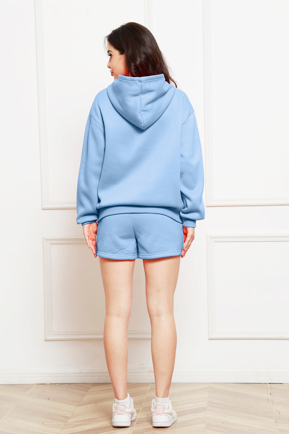 Drop Shoulder Long Sleeve Hoodie and Shorts Set 
