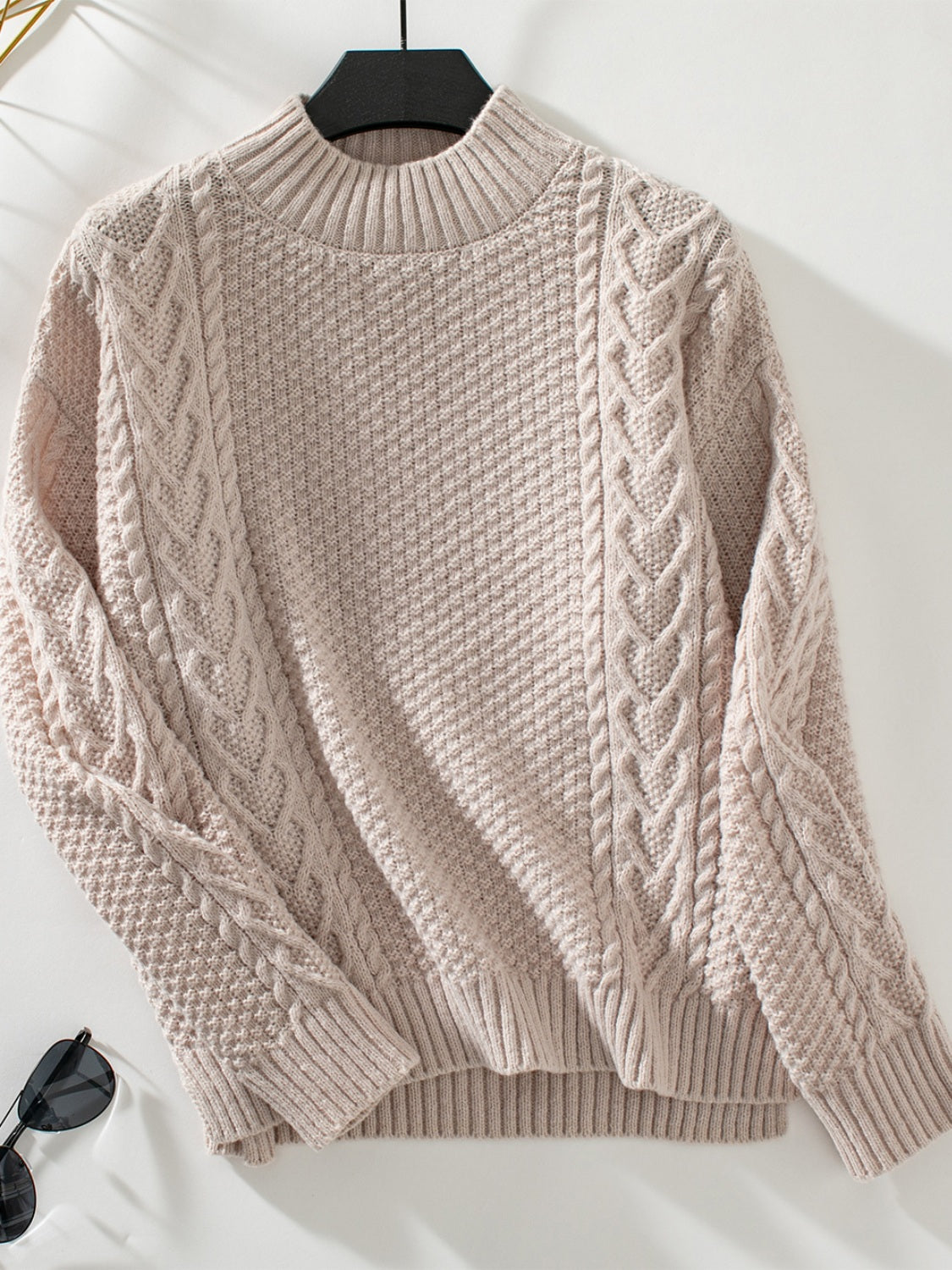 Cable-Knit Mock Neck Long Sleeve Sweater 
