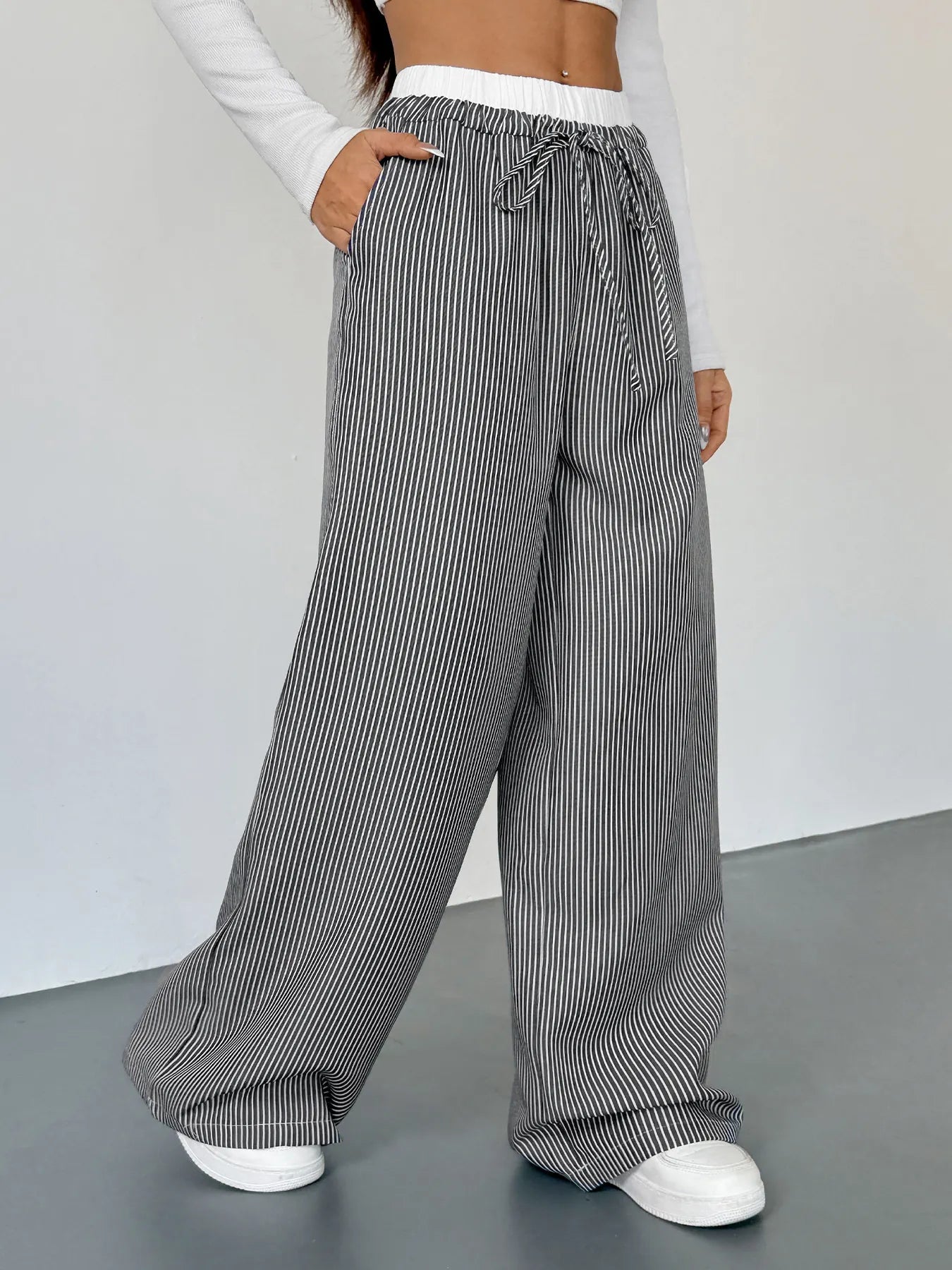 Striped Wide Leg Drawstring Pants 