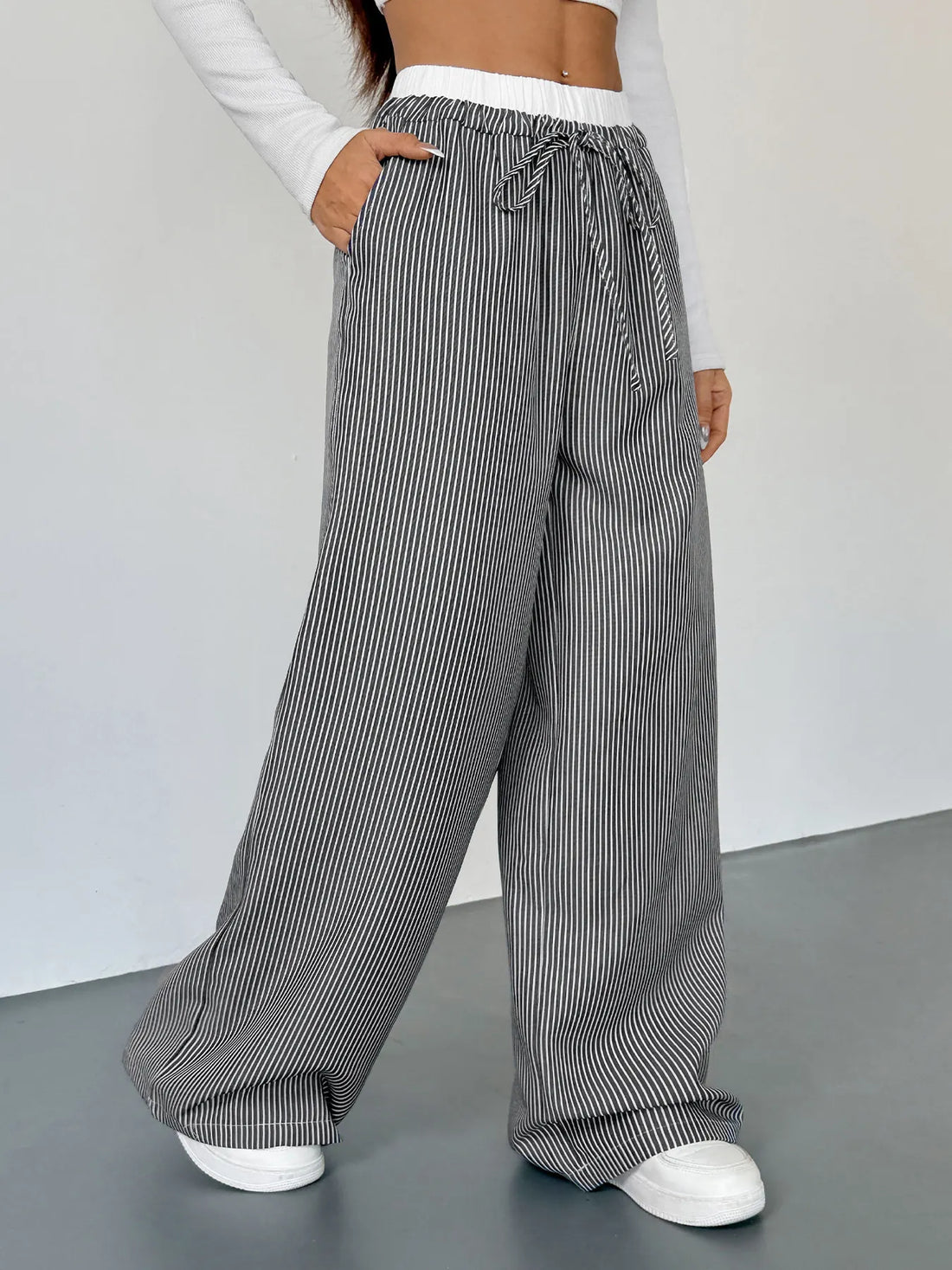 Striped Wide Leg Drawstring Pants 