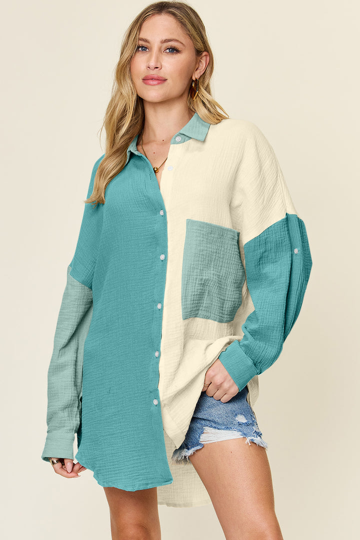 Double Take Full Size Pocketed Texture Button Up Shirt 