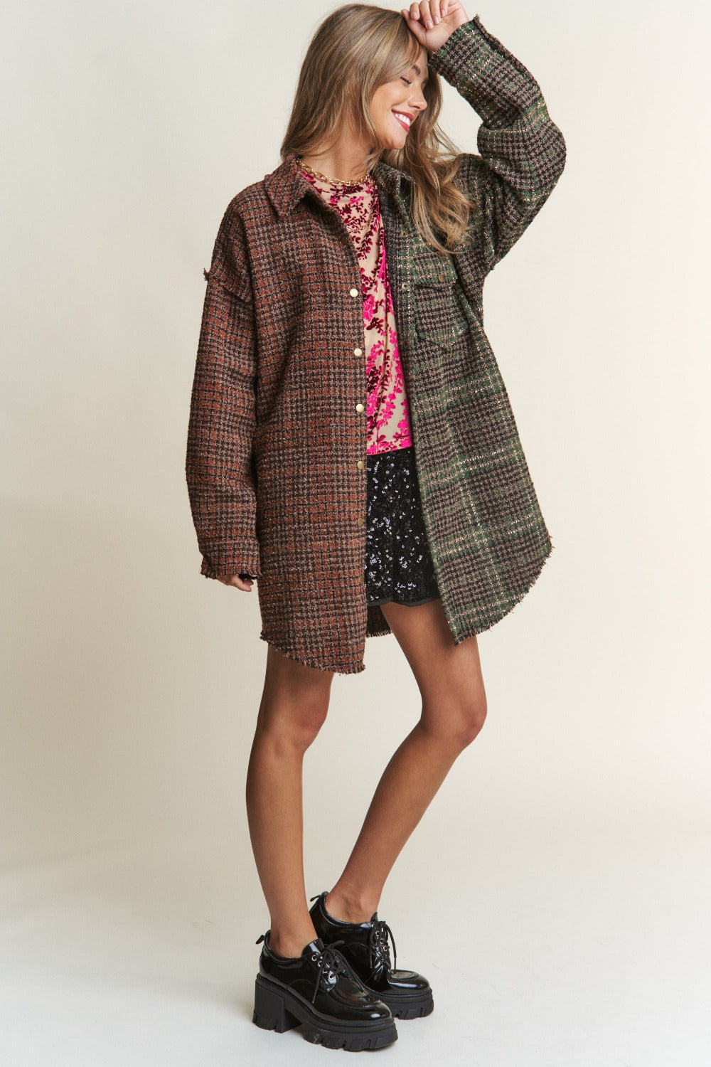 J.NNA Snap Down Tweed Plaid Contrast  Longline Shacket 