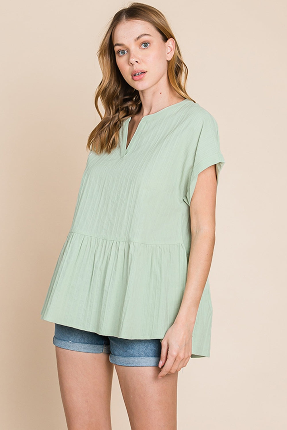 Cotton Bleu by Nu Lab Ruched Notched Short Sleeve Blouse 