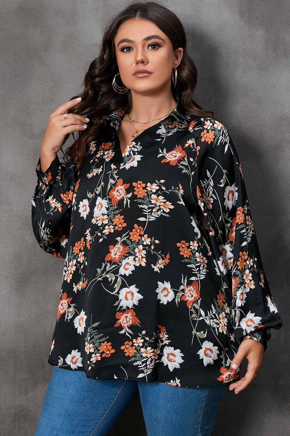 Plus Size Printed Johnny Collar Long Sleeve Blouse 