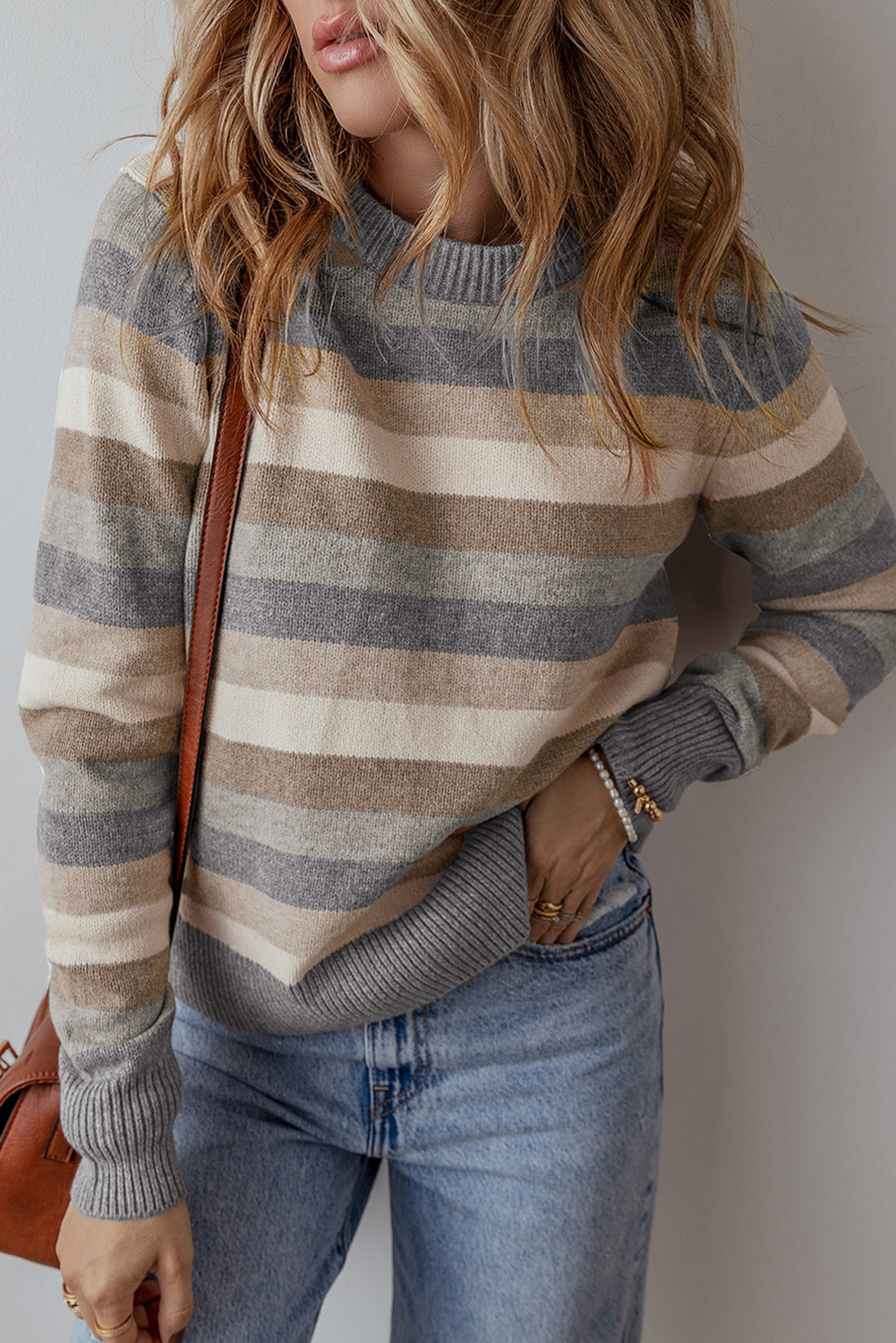 Gray Stripe Color Block Ribbed Edge Round Neck Sweater Sweaters & Cardigans/Sweaters