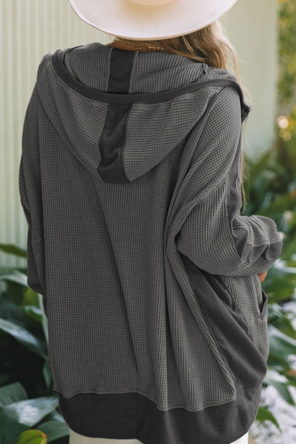 Waffle-Knit Pocketed Zip Up Hooded Jacket 