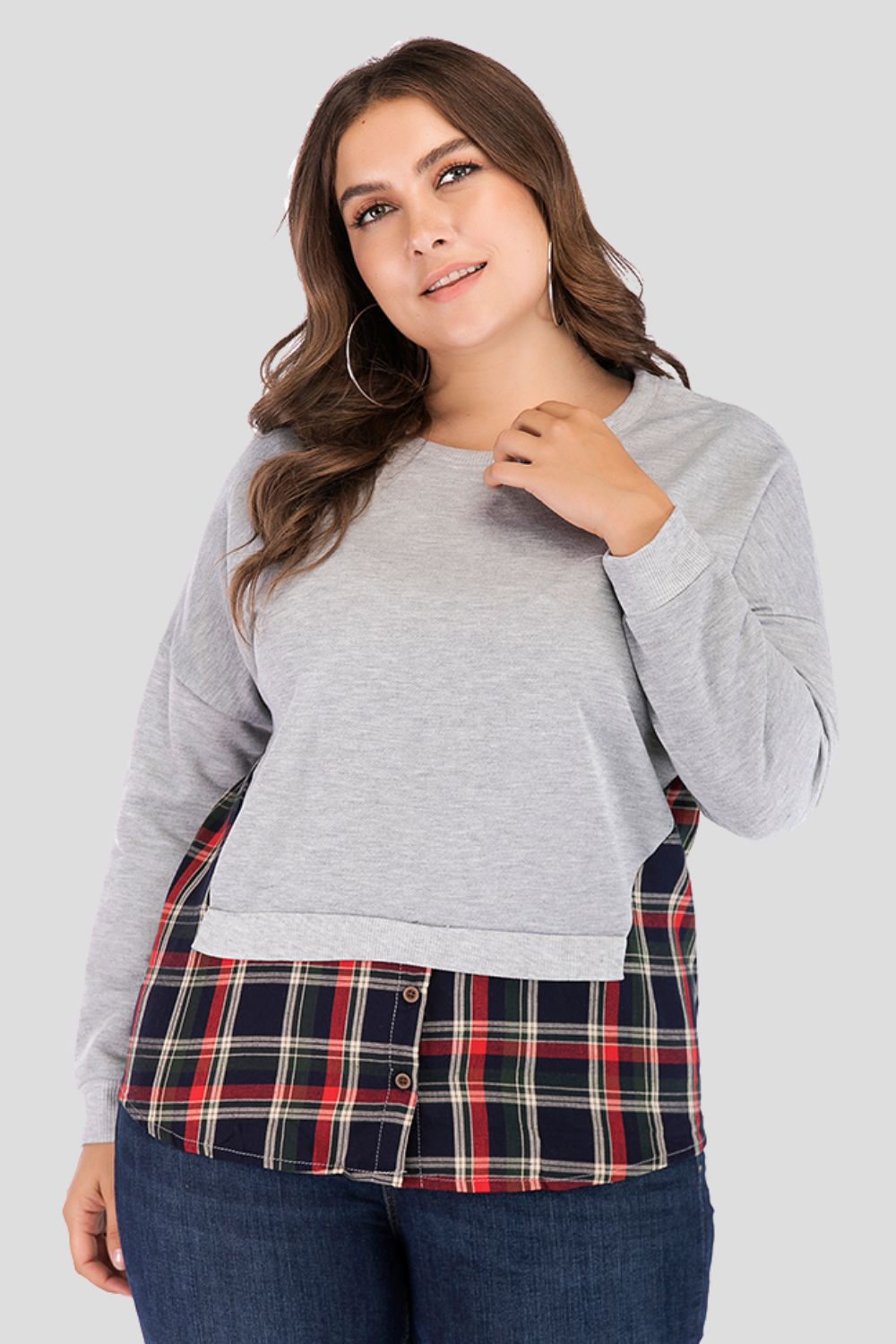 Full Size Plaid Patch Drop Shoulder Round Neck Top 