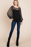 Super Lady Full Size Metallic Mesh Lantern Sleeve Blouse 