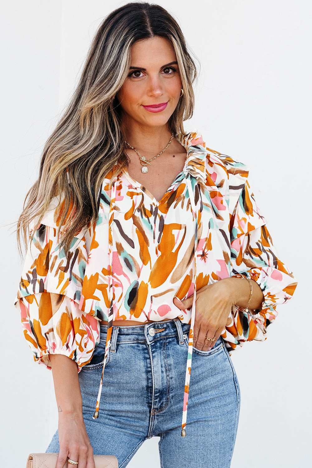 Yellow Abstract Print Drawstring Frilled V Neck 3/4 Sleeve Blouse Tops/Blouses & Shirts
