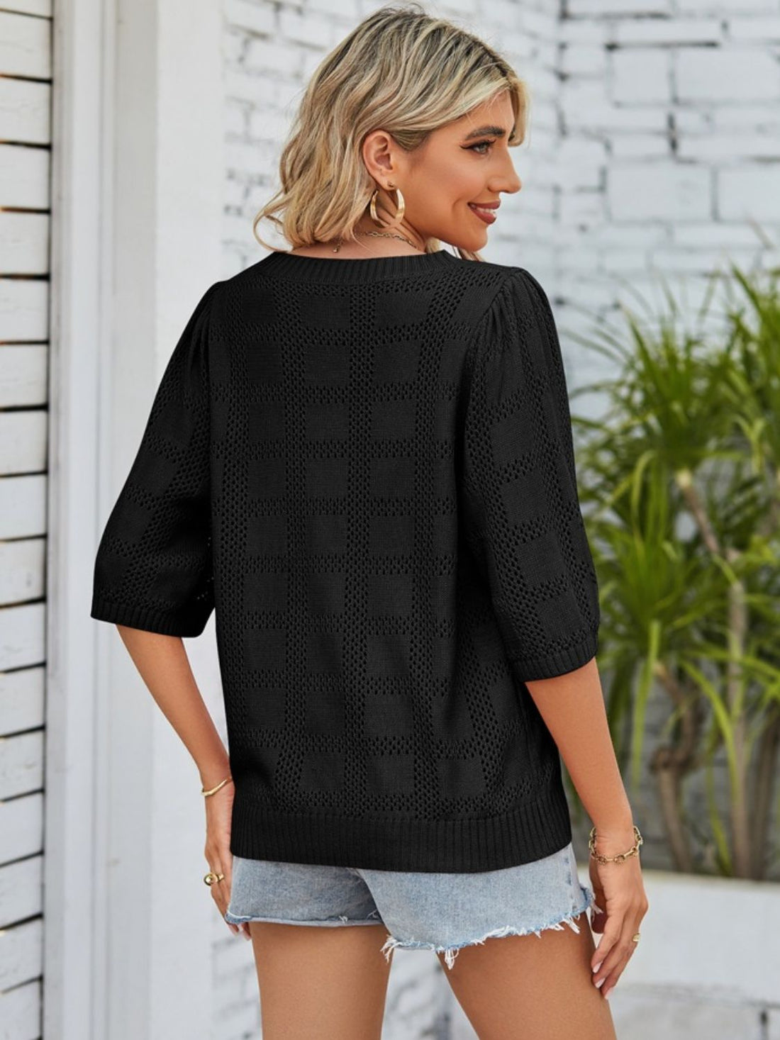 Mandy Openwork Round Neck Knit Top 