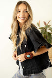 Black Raw Edge Ruffled Short Sleeve Denim Jacket Outerwear/Denim jackets