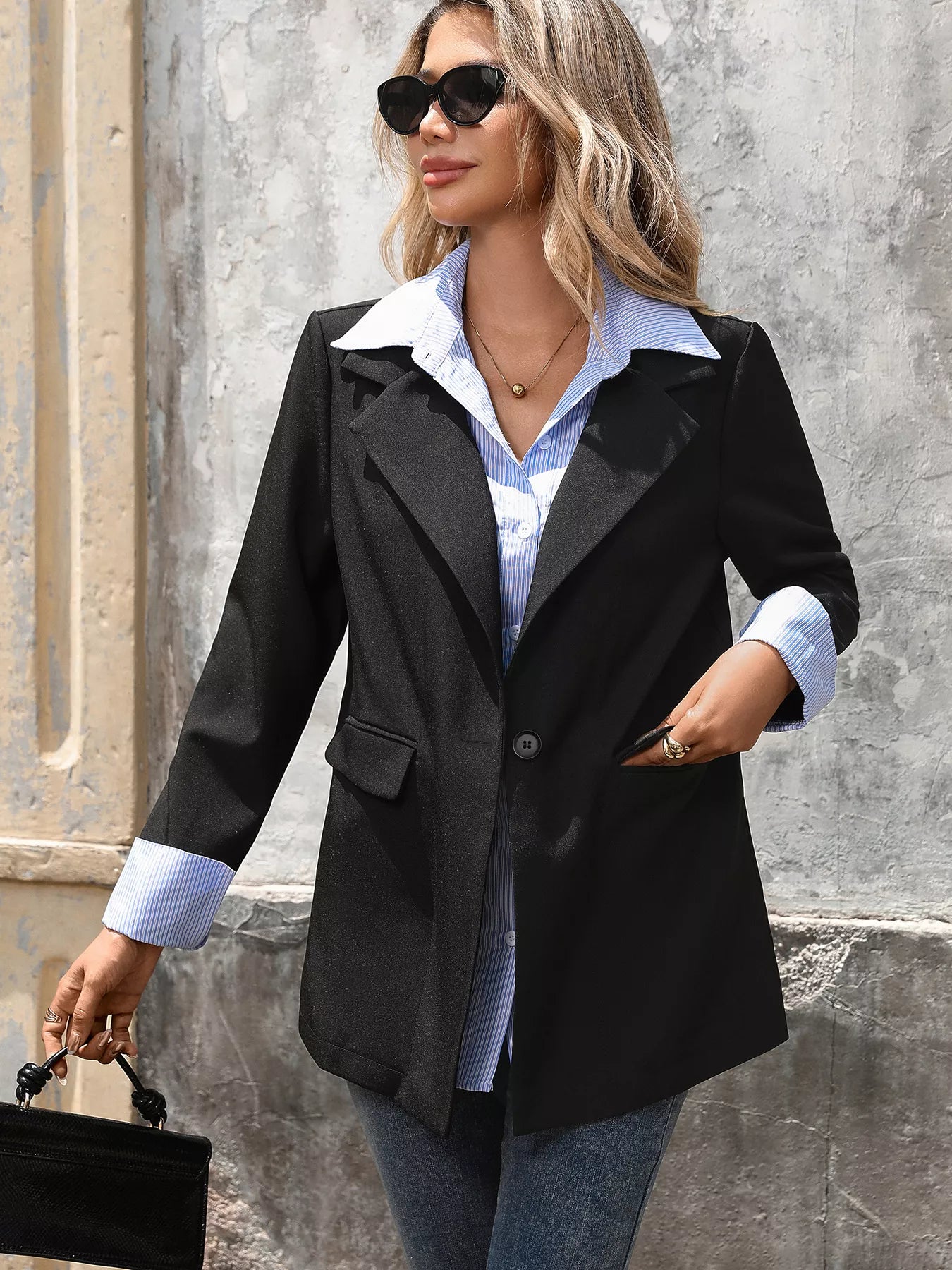 Striped Collar Long Sleeve Fake Two-Piece Blazer 