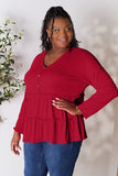 Double Take Half Button Long Sleeve Ruffle Hem Blouse 