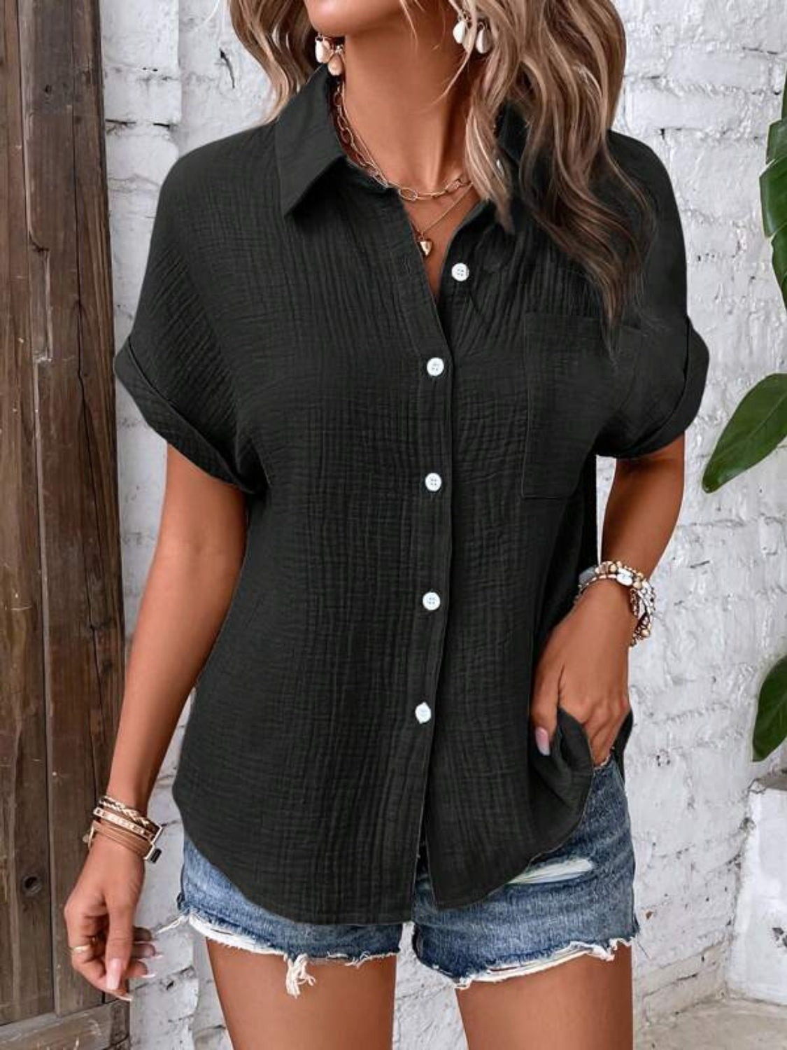 Lovelet Textured Button Up Short Sleeve Shirt 