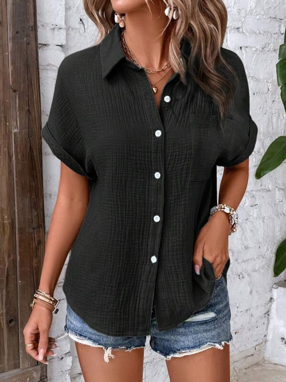 Lovelet Textured Button Up Short Sleeve Shirt 