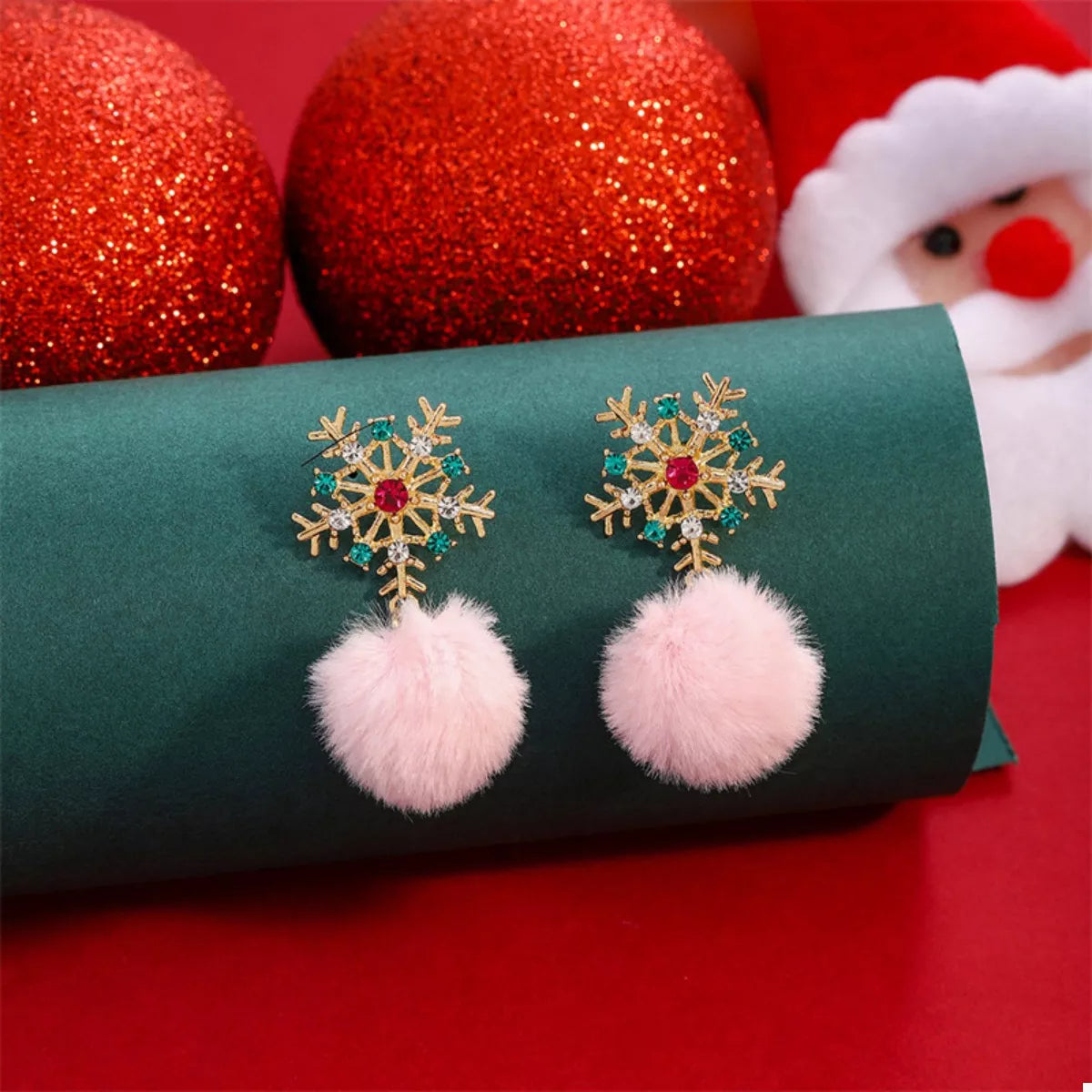 Christmas Snowflake Pom Pom Drop Earrings 