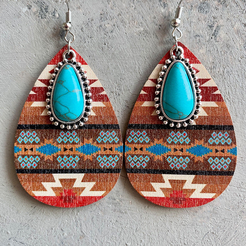 Turquoise Teardrop Shape Wooden Dangle Earrings 