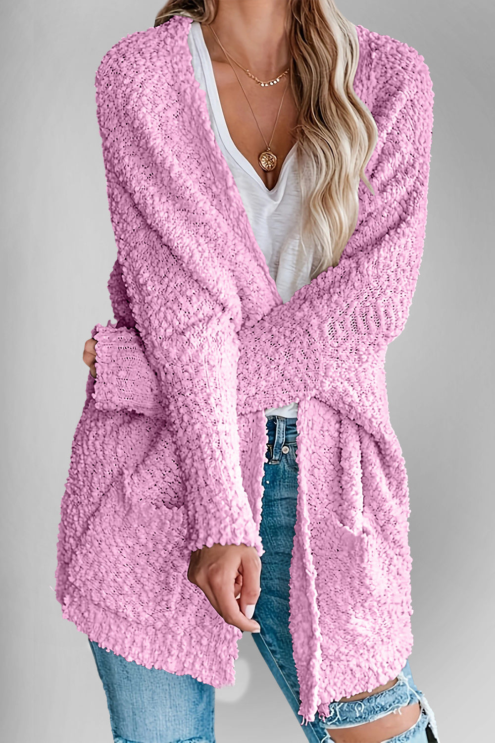 Double Take Pocketed Open Front Long Sleeve Cardigan 