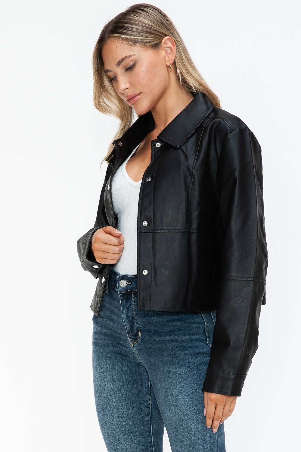 Snobbish Snap Down Long Sleeve PU Leather Jacket 