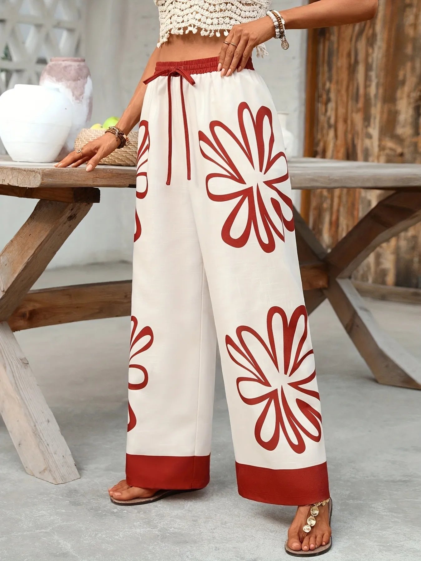 Floral Drawstring Wide Leg Pants 