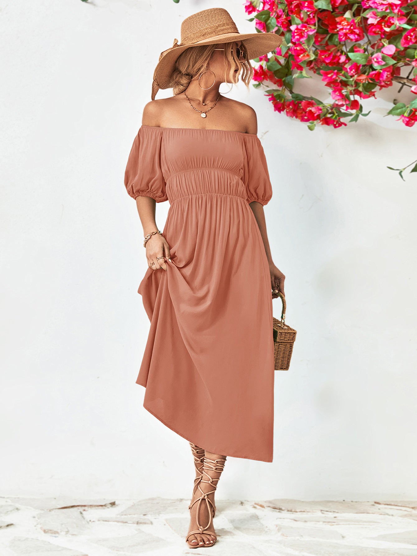 Off-Shoulder Balloon Sleeve Midi Dress 