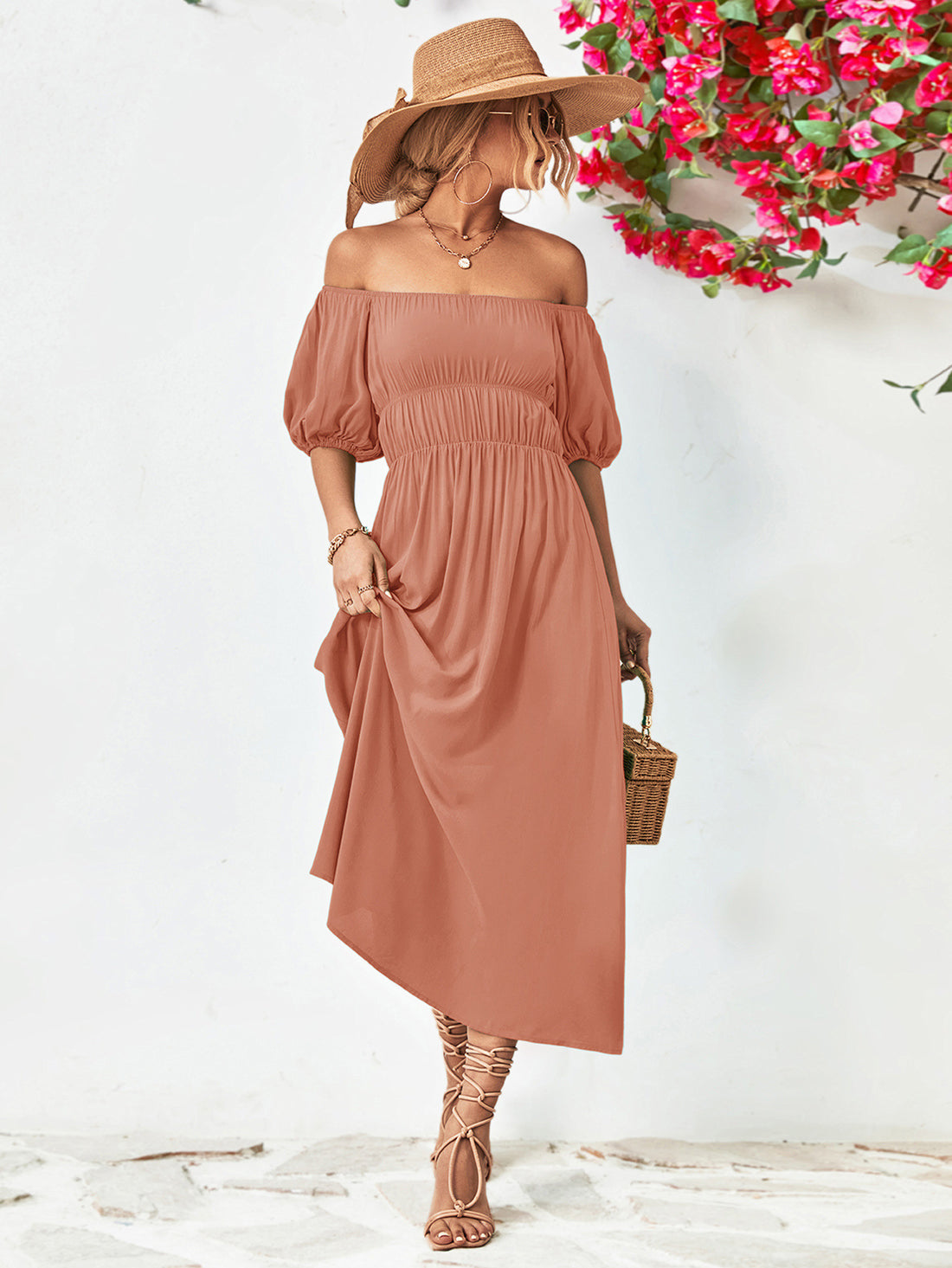 Off-Shoulder Balloon Sleeve Midi Dress 