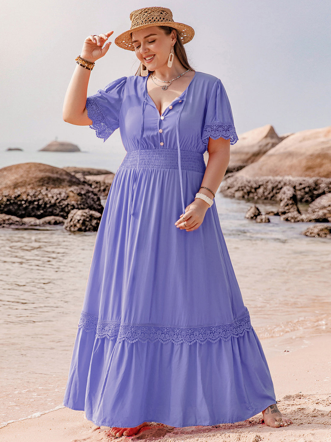 Plus Size Lace Detail Tie Neck Short Sleeve Maxi Dress 