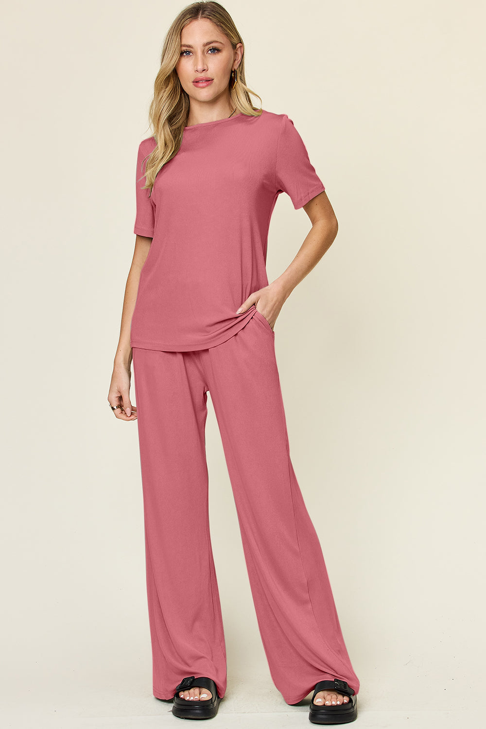 Double Take Full Size Round Neck Short Sleeve T-Shirt and Wide Leg Pants Set 