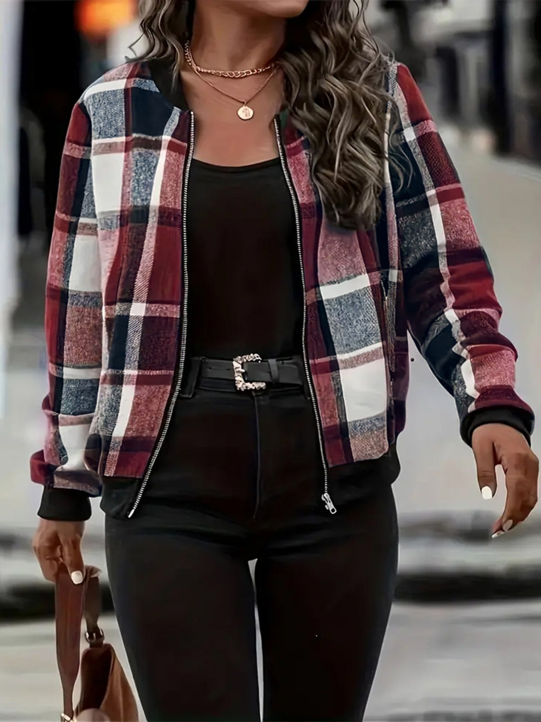Plus Size Plaid Baseball Collar Zip Up Jacket 