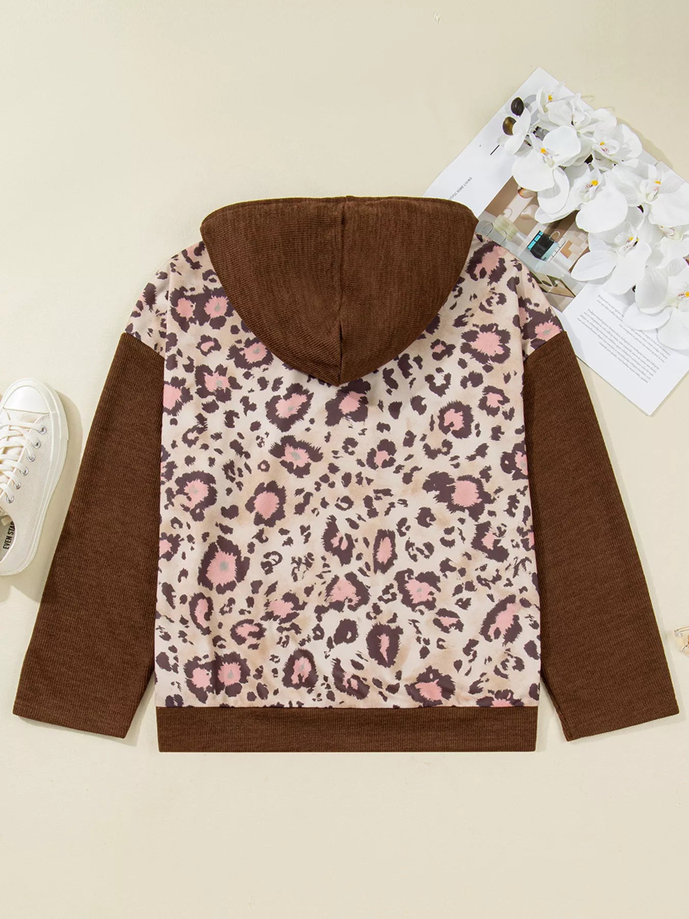 Plus Size Leopard Long Sleeve Drawstring Hoodie 