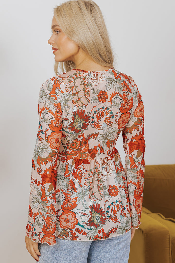 Orange Floral Print Deep V Neck Knot Bell Sleeve Blouse Tops/Blouses & Shirts