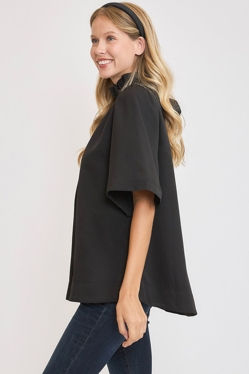 Umgee Bow Tie Back Mock Neck Half Sleeve Blouse 
