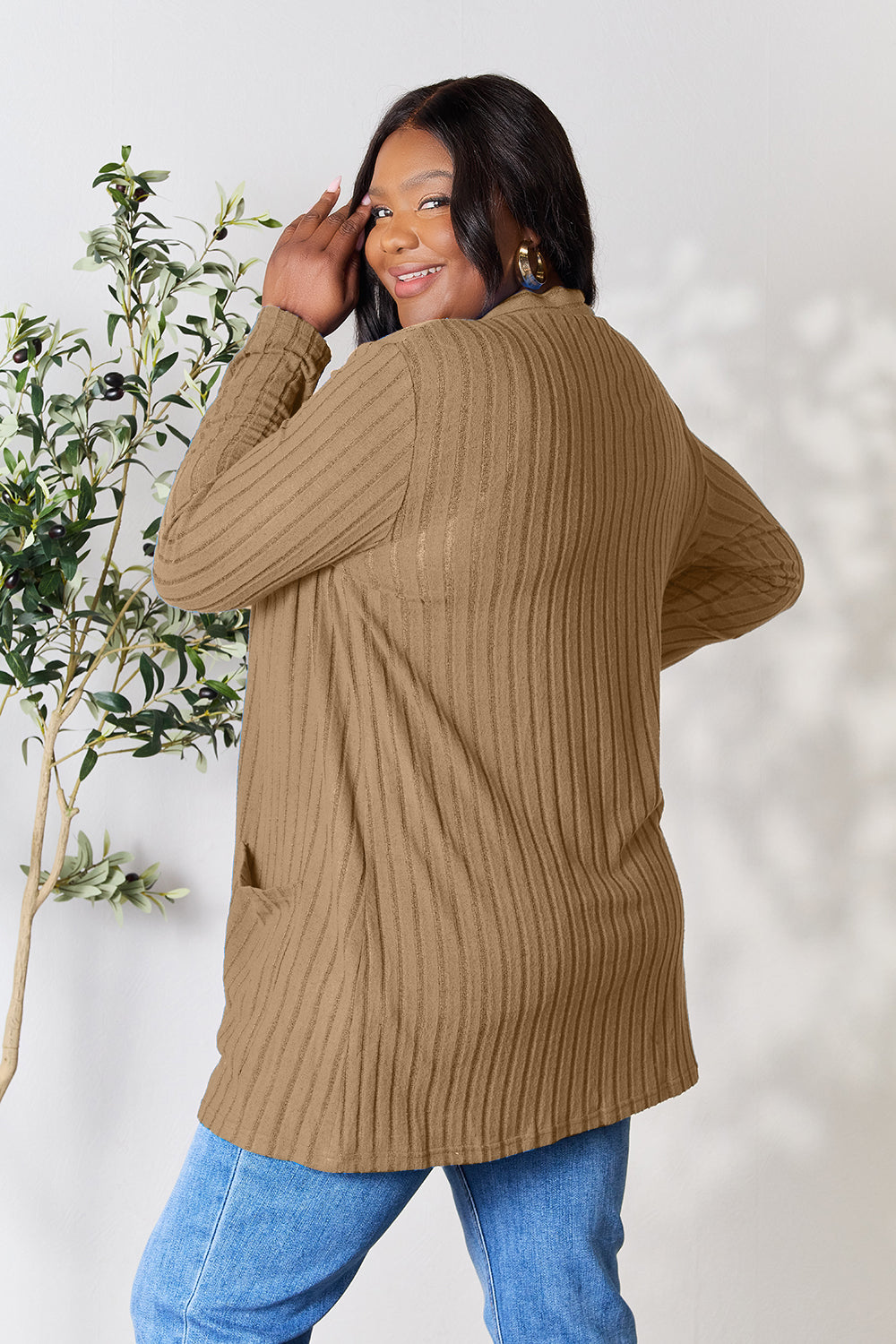 Basic Bae Full Size Ribbed Open Front Cardigan with Pockets 