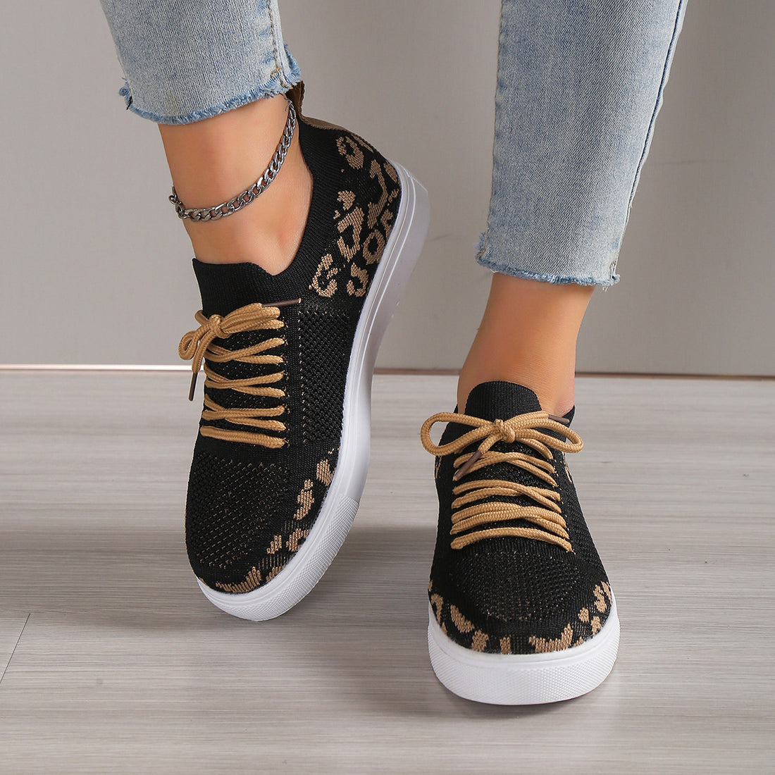 Lace-Up Leopard Flat Sneakers 