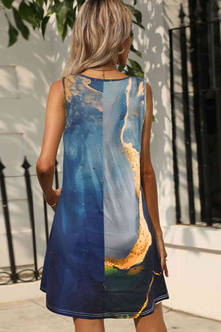 Shiny Abstract Print Round Neck Sleeveless Dress with Pockets Dresses