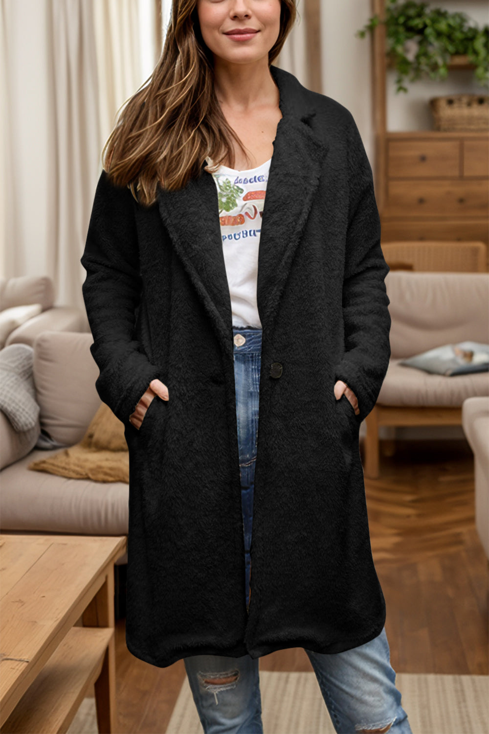 Full Size One Button Long Sleeve Longline Plush Coat 