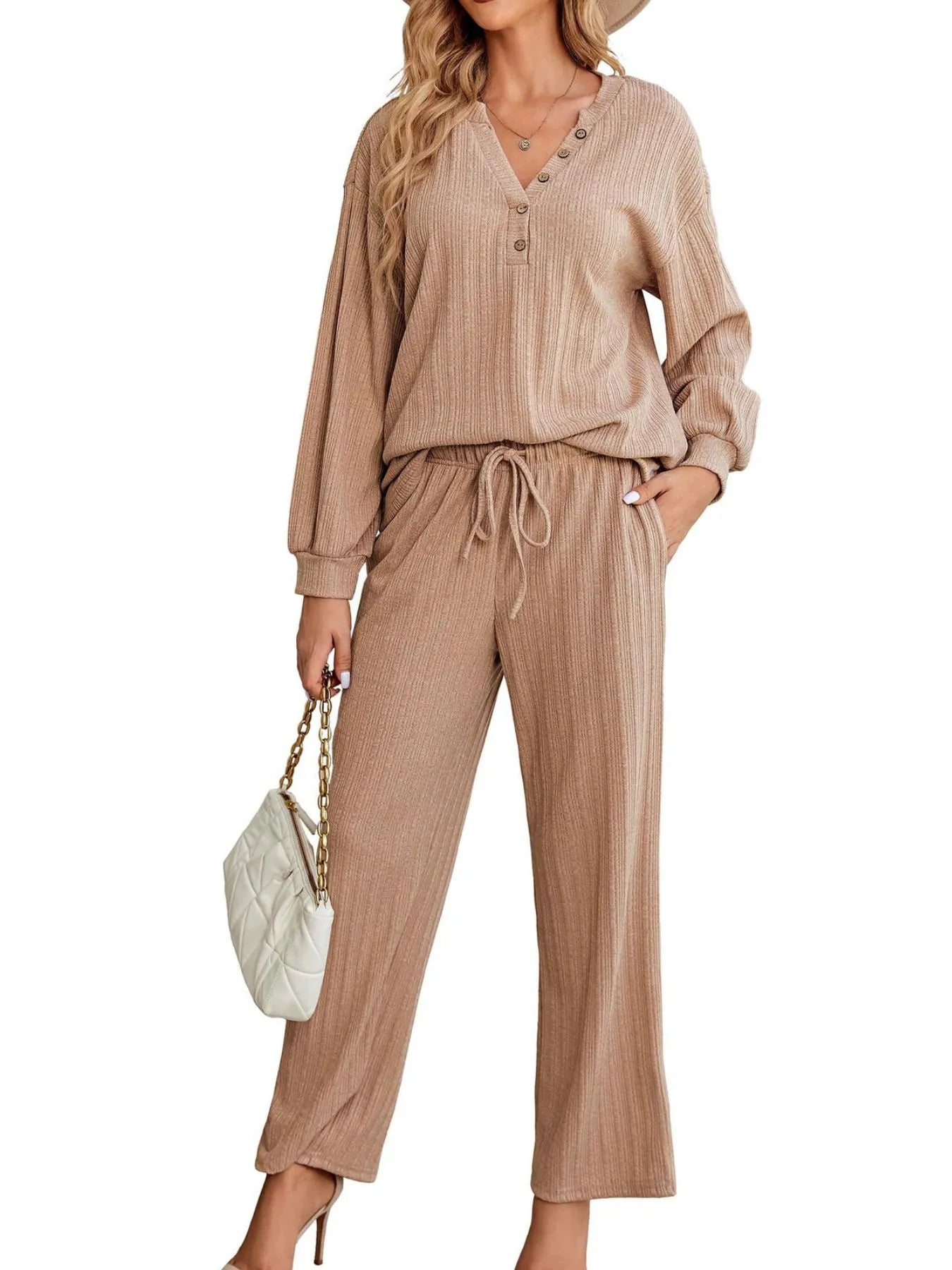 Ribbed Knit Top and Pants Lounge Set with Button Detail Lingerie & Nightwear