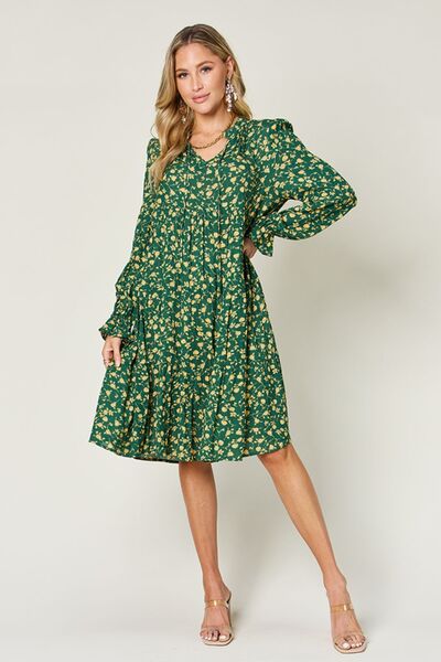 Double Take Full Size Printed Ruffle Hem Long Sleeve Tiered Dress 