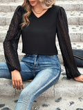 Full Size V-Neck Swiss Dot Long Sleeve Blouse 