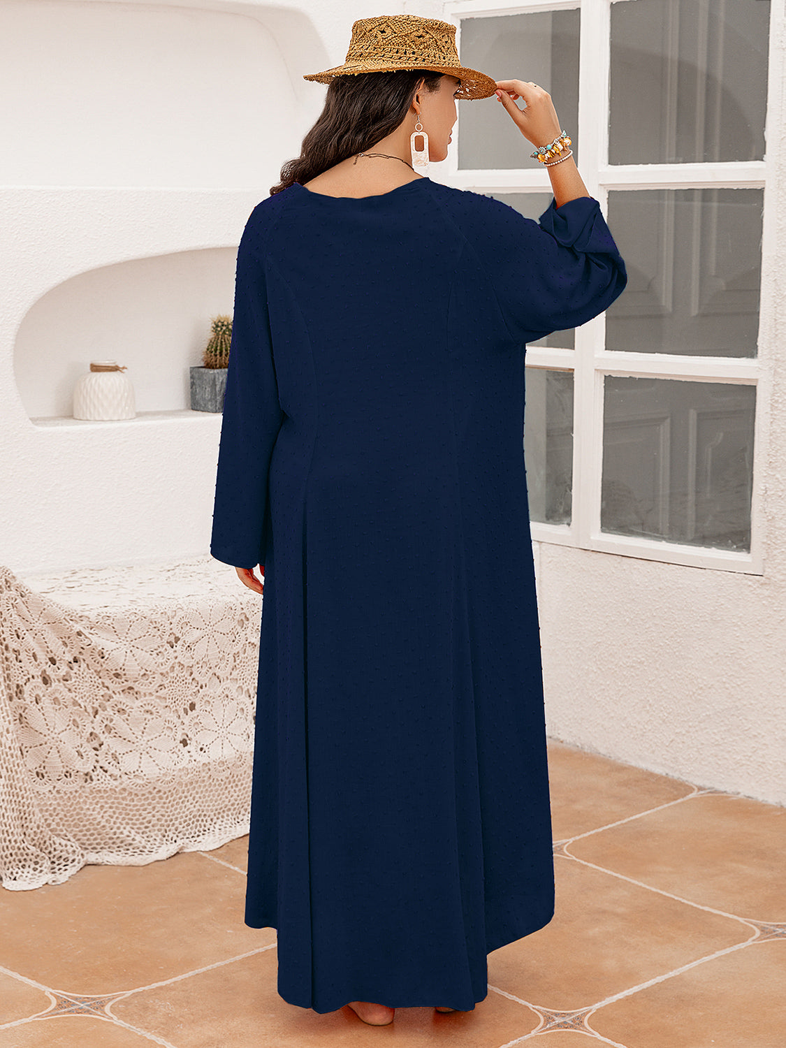 Plus Size Tie Neck Long Sleeve Slit Dress 