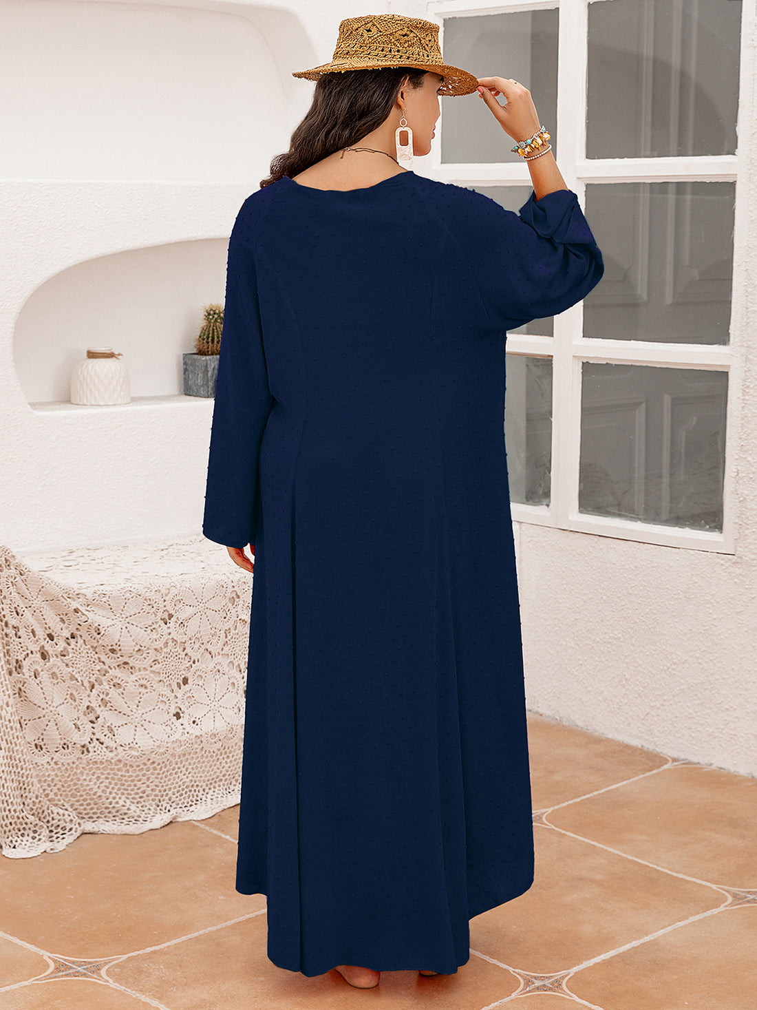 Plus Size Tie Neck Long Sleeve Slit Dress 