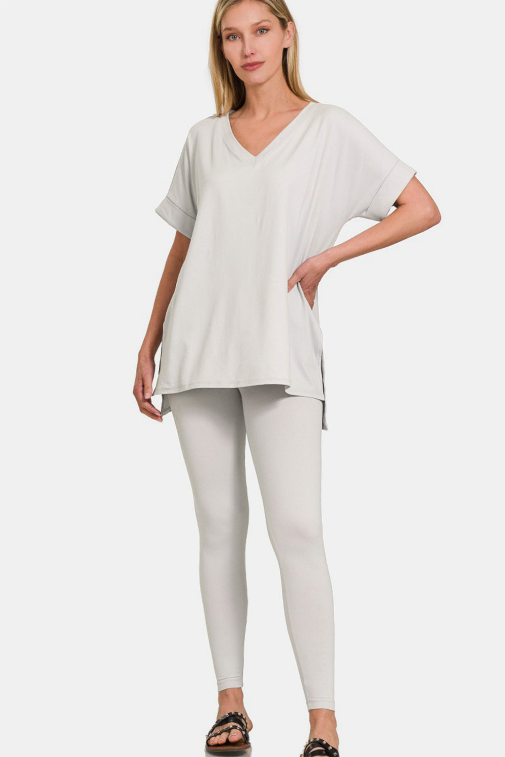 Zenana V-Neck Rolled Short Sleeve T-Shirt and Leggings Lounge Set 