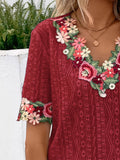 Ivy Lane Eyelet Embroidered V-Neck Short Sleeve Blouse 