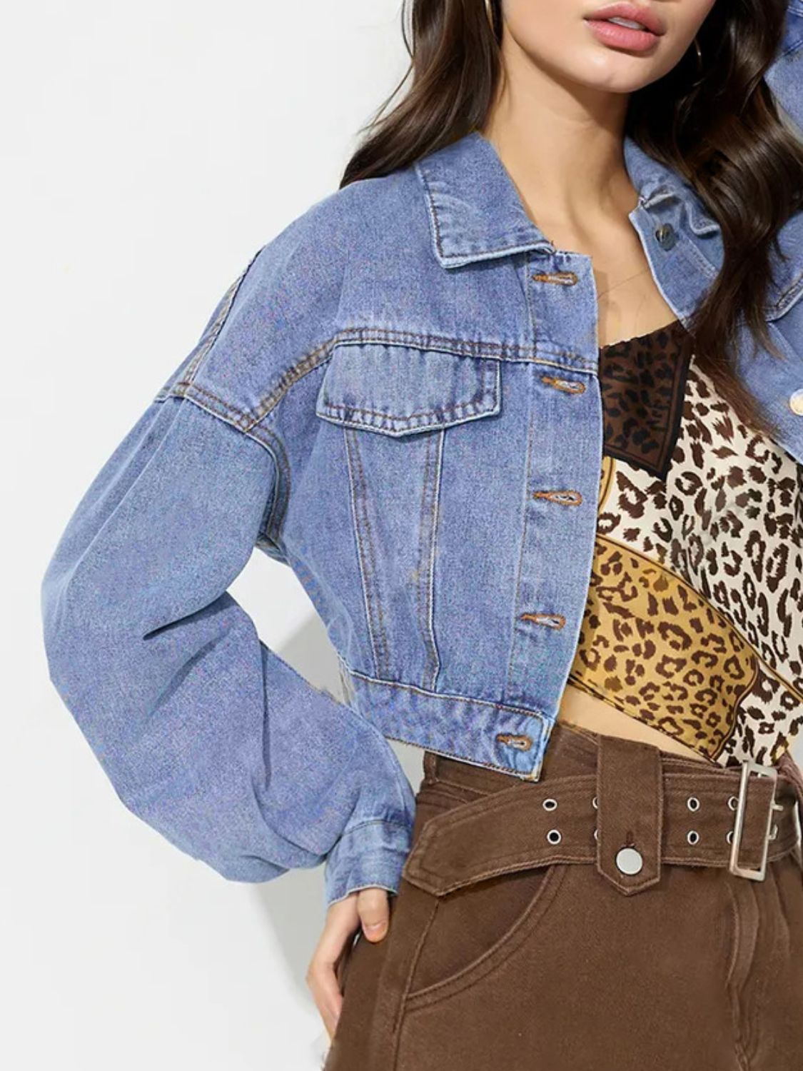 Collared Neck Dropped Shoulder Cropped Denim Top 